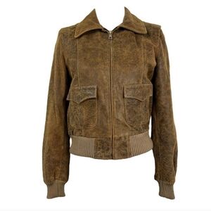 Guess Brown Bomber Jacket with Ribbed Cuffs and Soft Suede Material MED